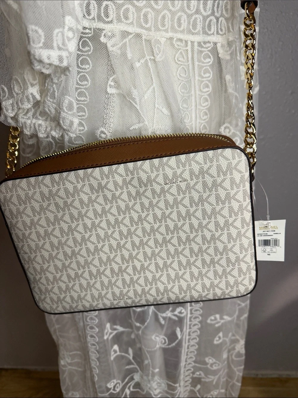 Michael Kors Beige Logo Crossbody with Tan Leather & Gold Chain - Picture 6 of 12